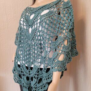 Handmade Lacy Poncho, Summer Wrap, Crochet Poncho, Summer Coverup Teal
